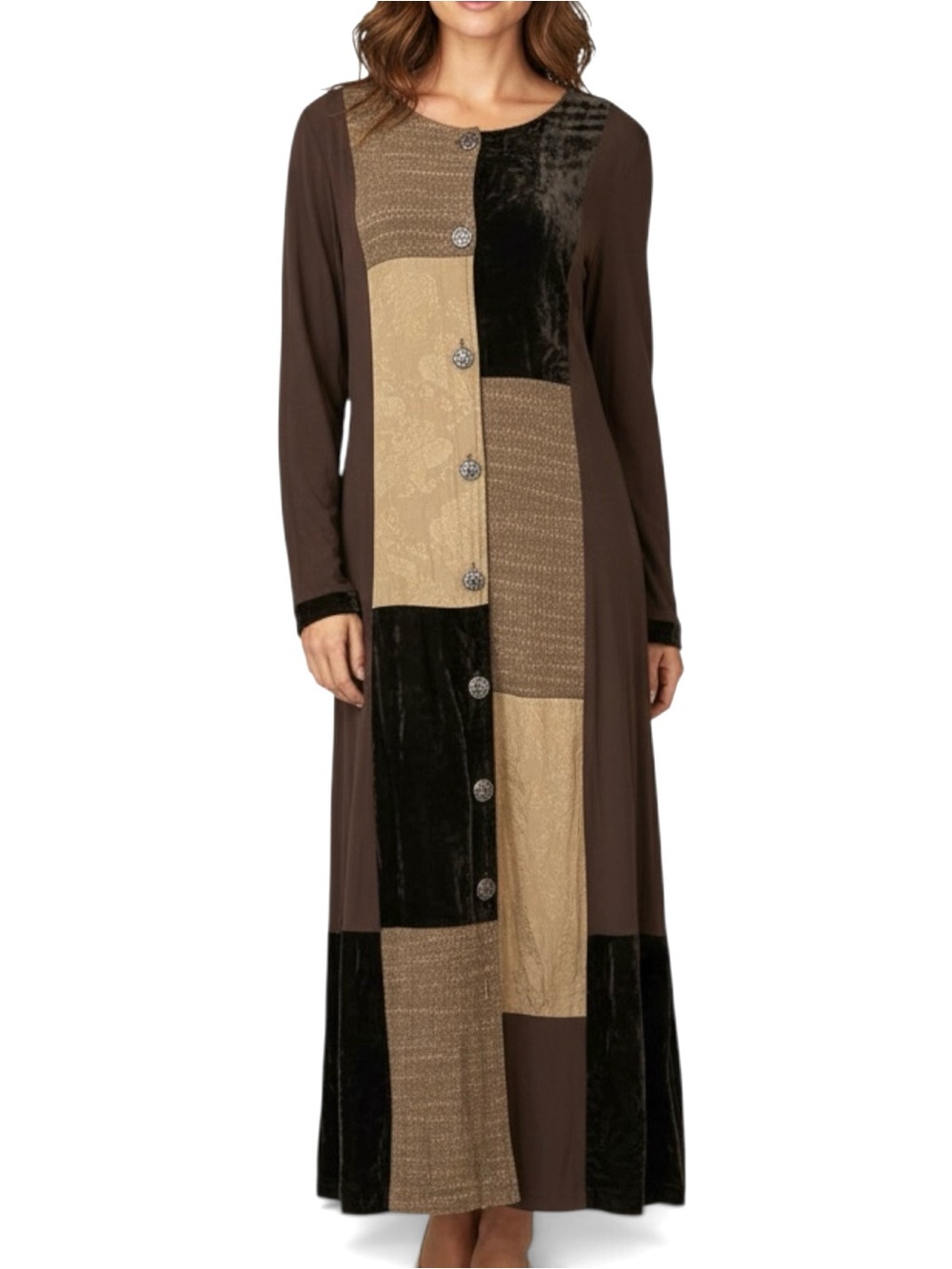 Vintage 90s Patchwork Maxi Dress Mixed Media Brown L Lagenlook Witchy Artsy